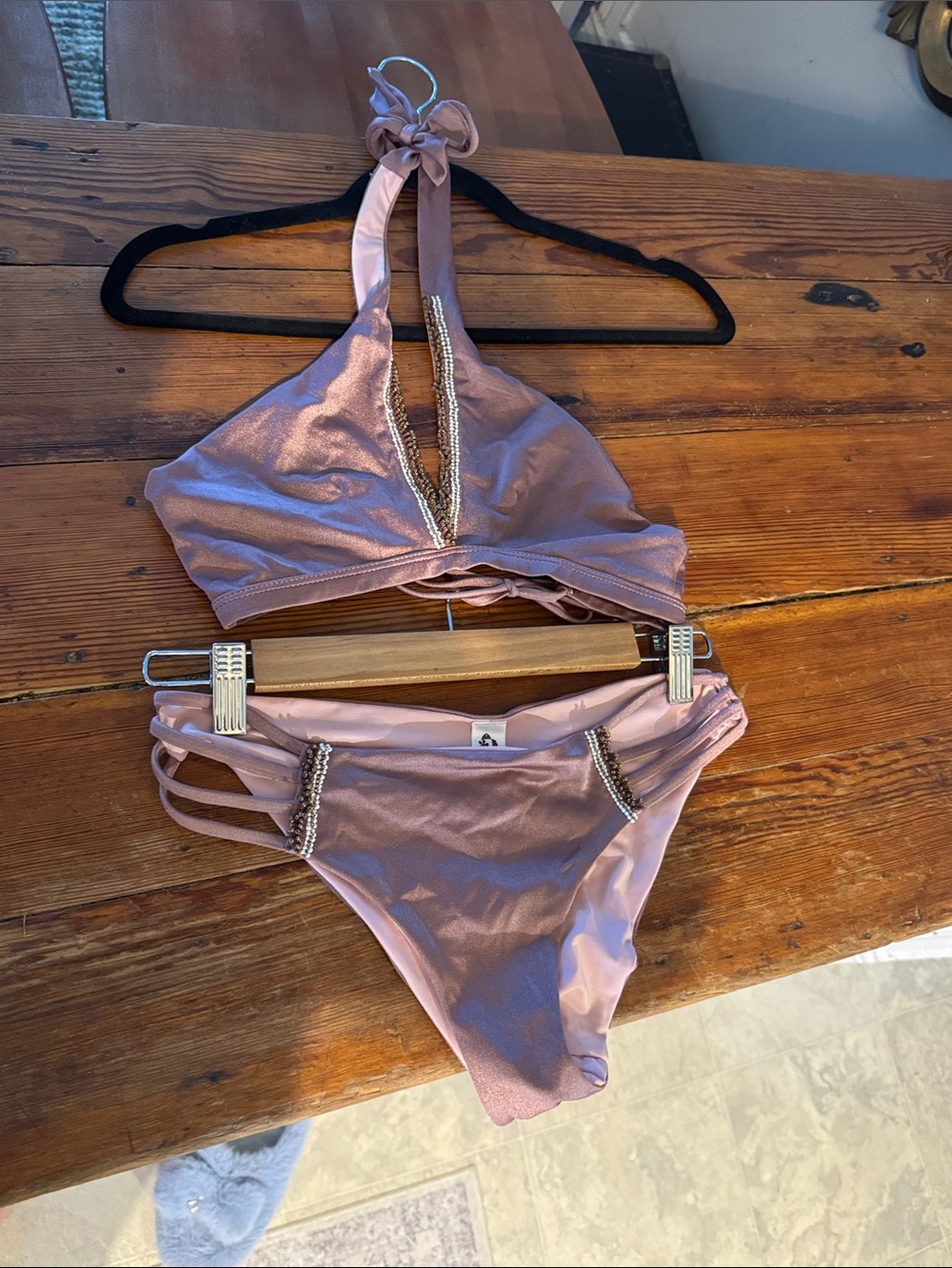 Women’s Beaded Halter Bikini Set - Dusty Rose